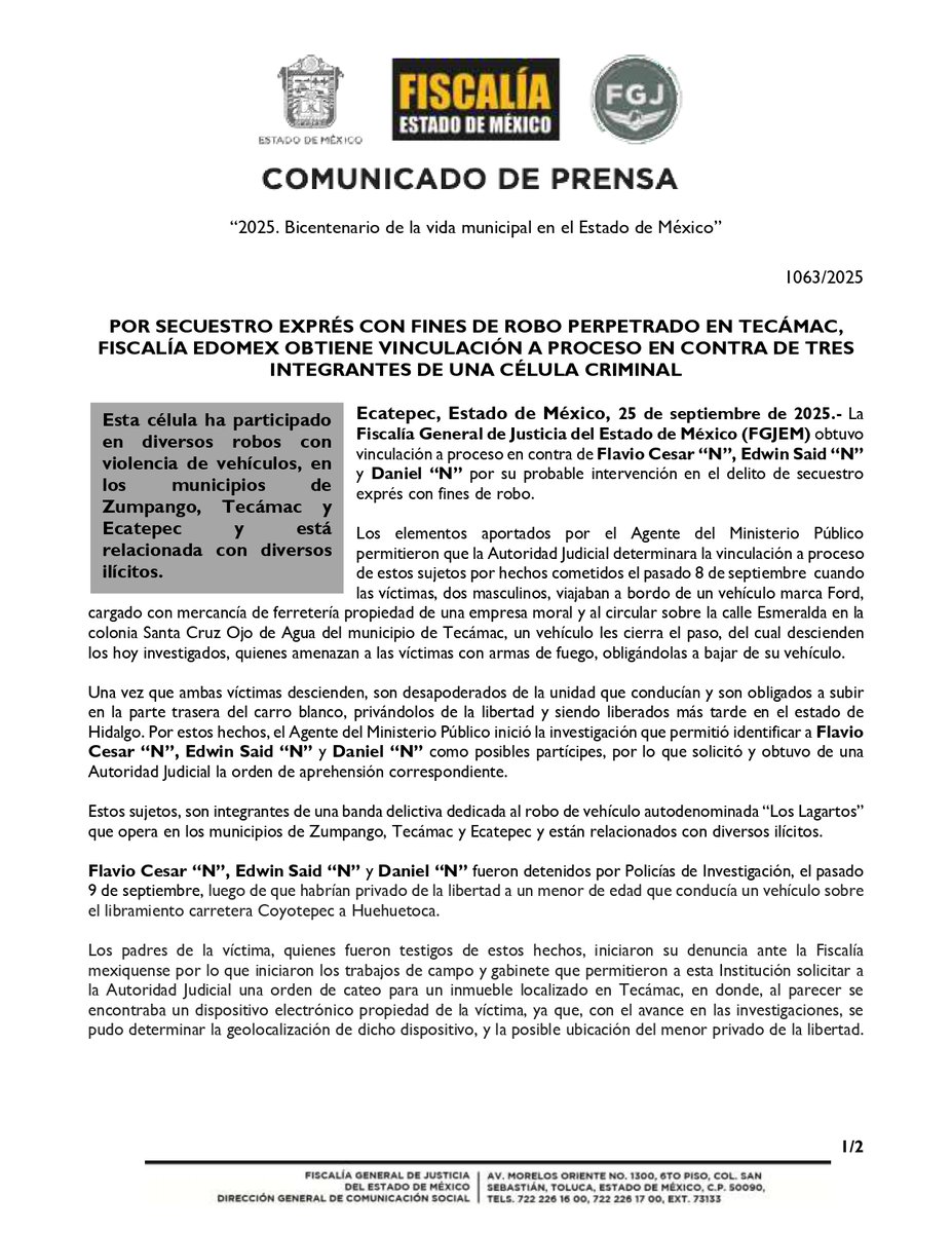 FiscaliaEdomex's tweet image. #Resultados.
La #FiscalíaEdoméx obtuvo vinculación a proceso en contra de Flavio Cesar “N”, Edwin Said “N” y Daniel “N” por su probable intervención en el delito de secuestro exprés con fines de robo, hechos sucedisos en el municipio de #Tecámac
Estos sujetos, son integrantes de…