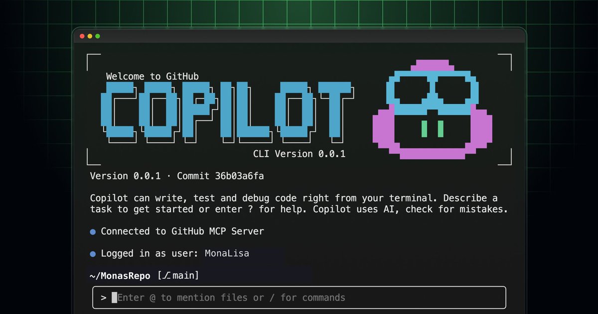aigclink's tweet image. GitHub Copilot CLI出来了,命令行里就能让Copilot写、改、调试、重构代码,发版本,无需切编辑器
与GitHub无缝集成,用现有GitHub 账号,就可以读写仓库、Issue、PR
支持复杂任务Agent能力,可多步规划、执行
支持通过自定义MCP扩展功能
#GitHubCopilotCLI