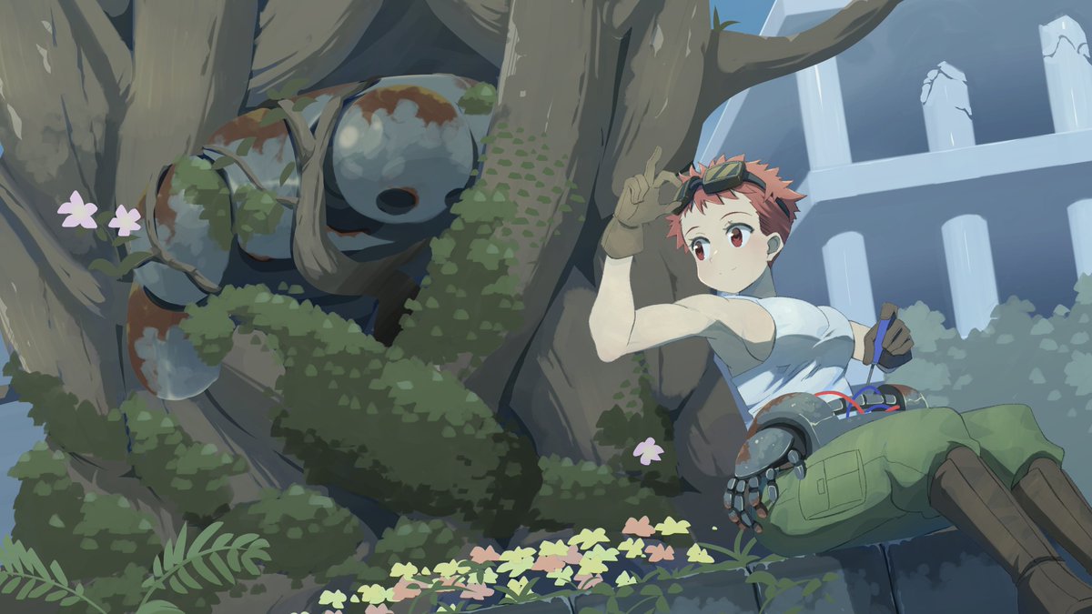 落書きです。

「眠れる巨人と探訪者」
廃墟の森で目覚めを待つ古代ロボット。若き探訪者はその記憶を解き、共に新たな旅へ。

とAI君は言っています。