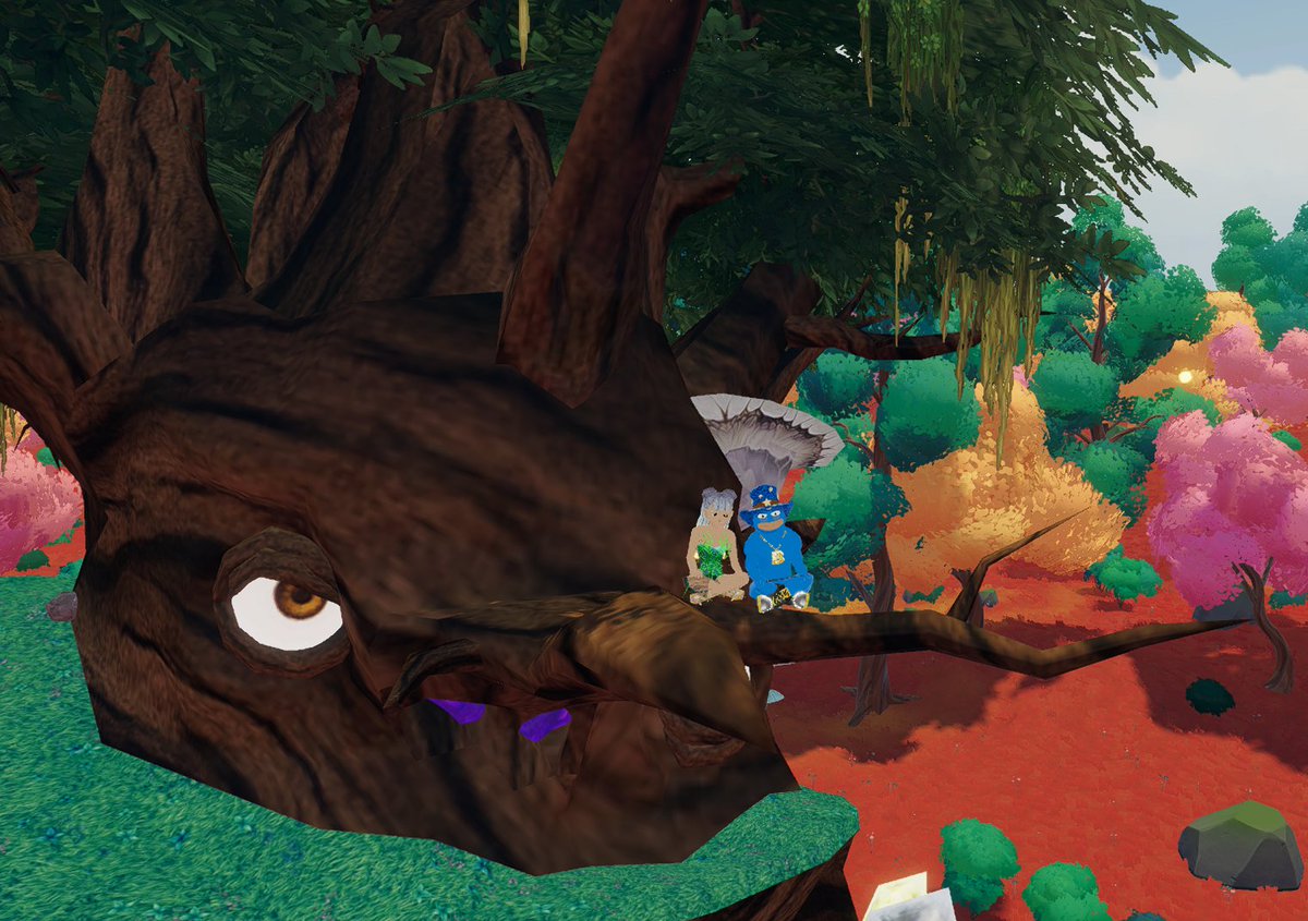 cryptoangel &amp; <a href="/PepeGawd/">PepeGawd 🐸</a> sitting on a tree, k-i-s-s-i-n-g 

symbiotic grove (-147,-94) in <a href="/decentraland/">Decentraland</a> #DCLArtWeek