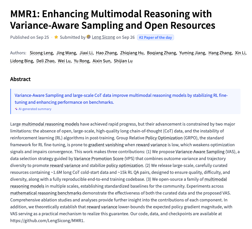_akhaliq's tweet photo. MMR1

Enhancing Multimodal Reasoning with Variance-Aware Sampling and Open Resources https://t.co/WcMkTmLIQn