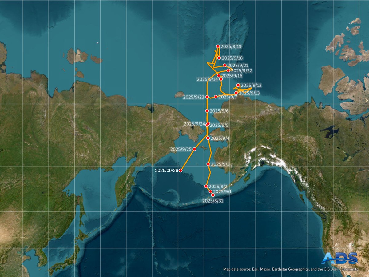 ADS_NIPR's tweet image. 2025年9月26日 10:00　今日のみらい
ベーリング海を南西方向に航行中です。
ads.nipr.ac.jp/venus.mirai/#/…
#みらい北極航海2025, #MR2505C, #ArCS_III, #みらいtheFINAL