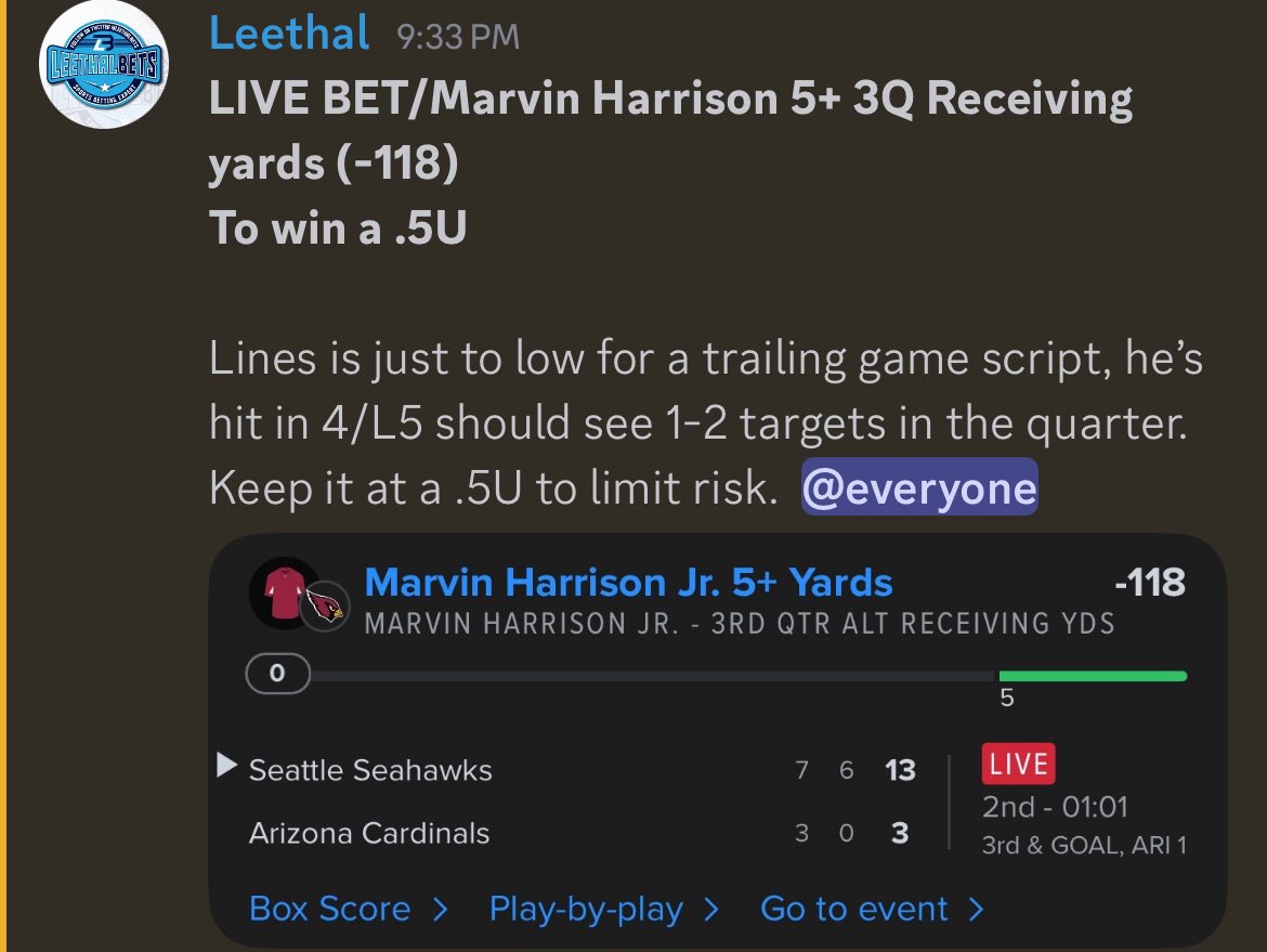 LLeethalBets's tweet photo. Marvin Harrison 5+ 3Q Receiving Yards (-118)✅🔥 https://t.co/5Wkpr7youf