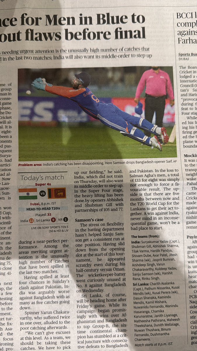 achuthmohan's tweet photo. Of all the catches dropped by Indian fielders @the_hindu decides to showcase only this missed chance by Sanju. ! Just great Hindu.. https://t.co/mNrSpyHoD6