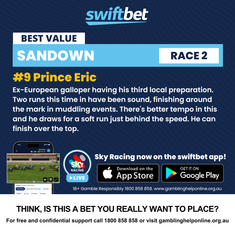.<a href="/JoshfromHorsham/">Josh Miller</a> has made Prince Eric at Sandown his Best Value bet for the day tomorrow👀

View the market 👉 swiftbet.com.au/racing/meeting…