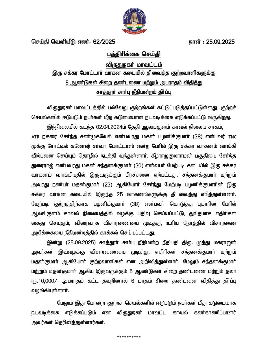 விருதுநகர் மாவட்ட காவல்துறை.
#virudhunagar #SouthZoneTNpol #TNPolice #TruthAloneTriumphs