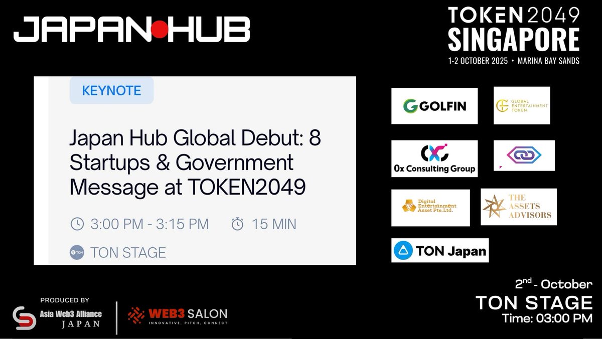 AWAJ_official's tweet photo. The agenda is set! All Japan Hub startups will be live on the TON Stage, Marina Bay Sands, Level 5
🗓️ October 2, 2025, 03:00 PM
@GOLFIN_GL @PlayMining_SG @GET_E_inc_JP
@meclabo_info @TON_jp_Global @0xC_web3_en
@AdvisorsAssets
#JapanHub #TOKEN2049 #Web3Japan #Blockchainn https://t.co/27lwpMUdWn