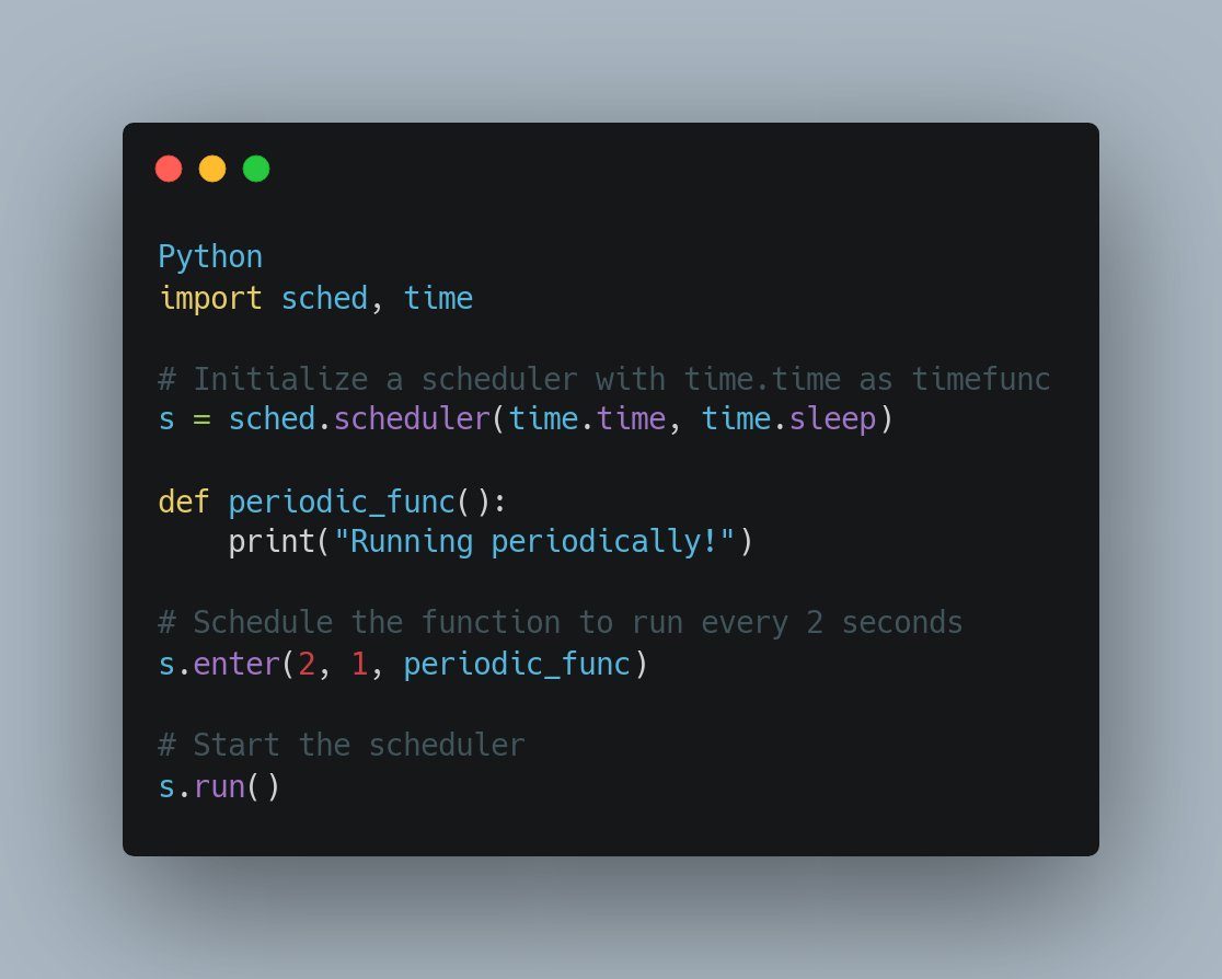 PythonHQ's tweet image. Tweet:
Ever needed to run a function periodically in your code? Python's sched module can help. It's efficient and easy to use, ideal for real-time functionality! Check it out 👇