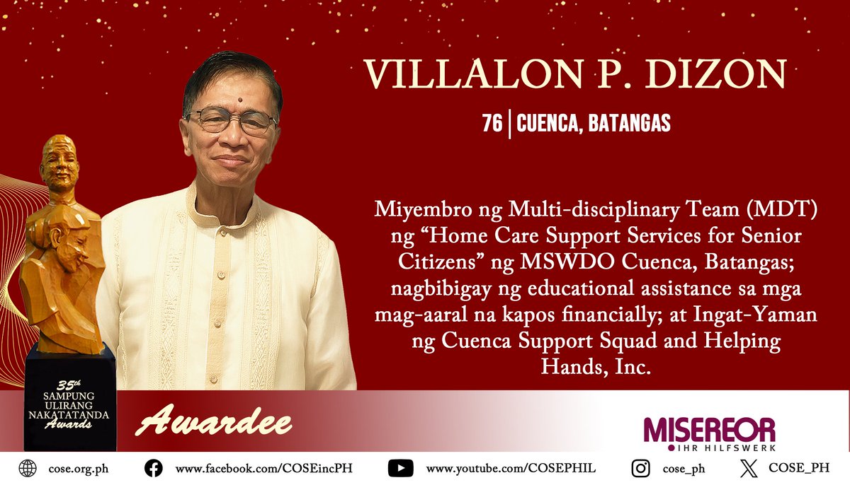 Kilalanin natin si G. Villalon P. Dizon, o mas kilala bilang Tatay Ilon, isa sa 35th Sampung Ulirang Nakatatanda (SUN) Awardees.

Pasasalamat, pagpupugay at pagkilala kay Tatay Ilon at sa lahat ng 35th SUN Awardees!

#SampungUlirangNakatatandaAwards2025
#COSEisProOlderPersons