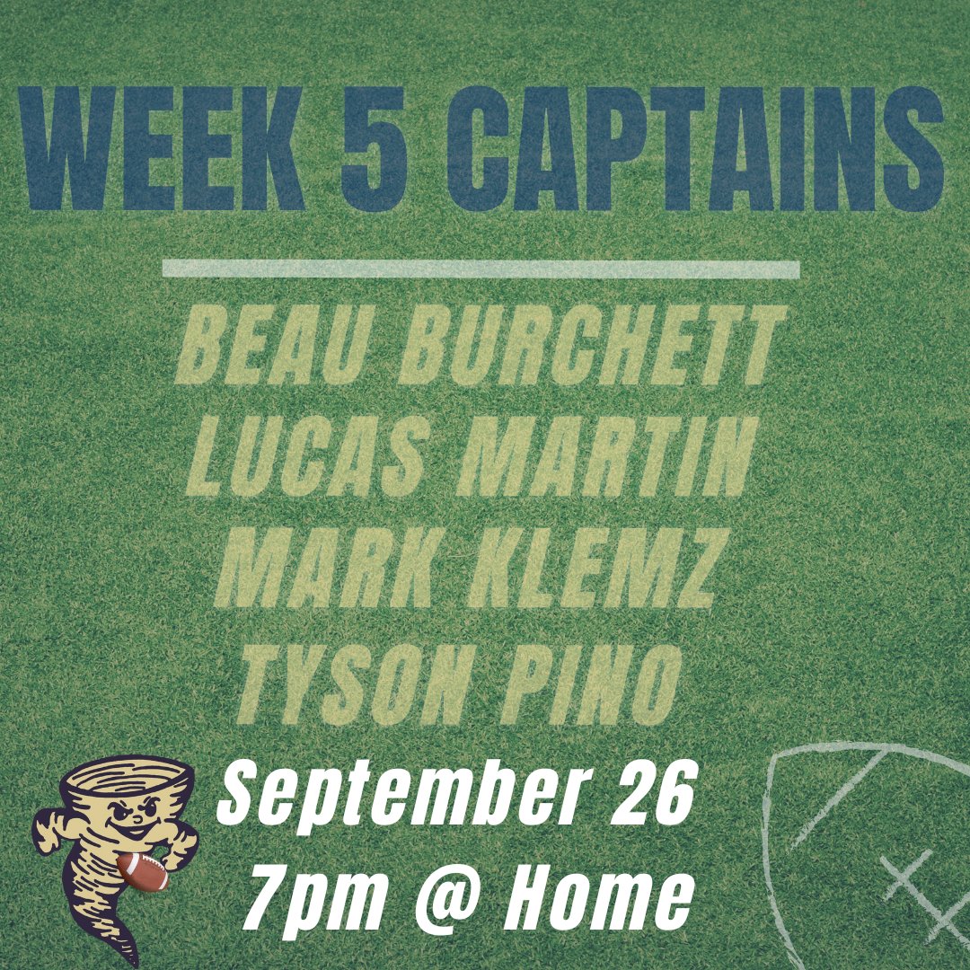 Congrats to our Week 5 Captains: 
Beau Burchett <a href="/BurchettBeau/">Beau Burchett</a> 
Lucas Martin  
Mark Klemz <a href="/MarkKlemz35/">Mark k</a> 
Tyson Pino <a href="/TysonPino_QB26/">Tyson Pino</a> 
Come watch our guys take on Connellsville at 7pm tomorrow night! 🏈 #ButlerProud
<a href="/EricChristy10/">Eric Christy</a> 
<a href="/darrell64588458/">darrell smith</a>