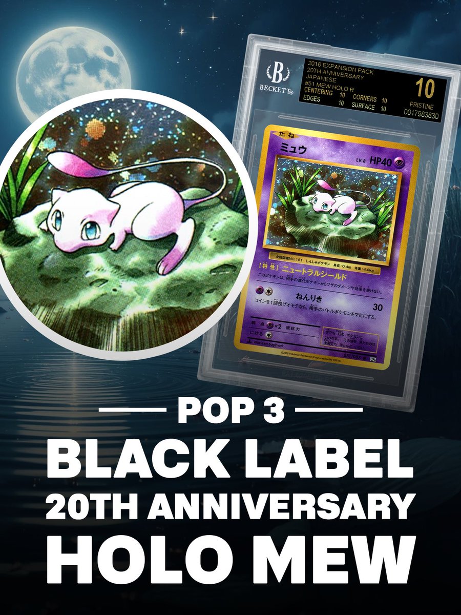 beckettcollect's tweet image. Released in 2016, the 20th Anniversary Holo Mew comes from Japan’s CP6 set celebrating Pokémon’s milestone year. This reprint mirrors the original 1997 Japanese promo card, with this copy standing out as a pop 3 #BGSBlackLabel
