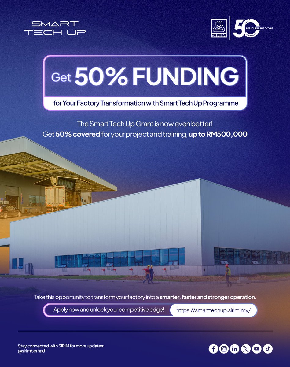 Big news for manufacturers! 

Smart Tech Up now covered 50% of your project and training costs up to RM500k. Upgrade your factory with smarter tech, faster processes and stronger capabilities. 

Don’t miss out. Apply today and secure your spot.

🔗smarttechup.sirim.my

#SIRIM