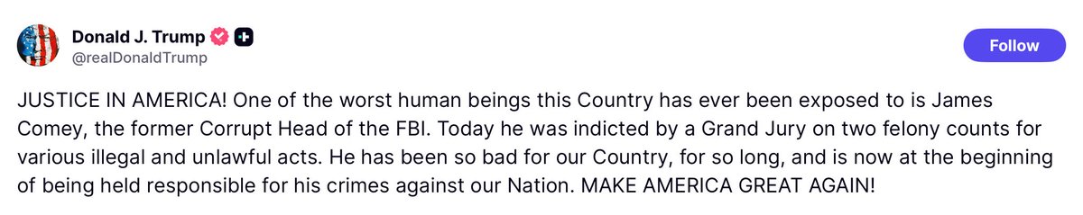 I liked Comey’s response to this and his display of courage. The rule of law is totally fractured in the US and unless the Supreme Court start restoring it, their democracy is being destroyed #Trump #USA #SCOTUS #POTUS