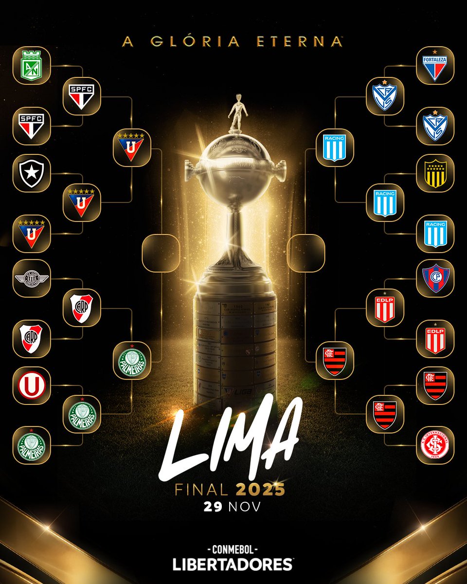 LibertadoresBR's tweet photo. ⭐️🏆 A Semifinal da CONMEBOL #Libertadores 2025 está completa! Restam 4⃣ no caminho da #GloriaEterna.

✔️ @LDU_Oficial 🇪🇨
✔️ @Palmeiras 🇧🇷

✔️ @Flamengo 🇧🇷
✔️ @RacingClub 🇦🇷

🤔 Qual será a Final em Lima? 🇵🇪 https://t.co/bx55yjkTT1
