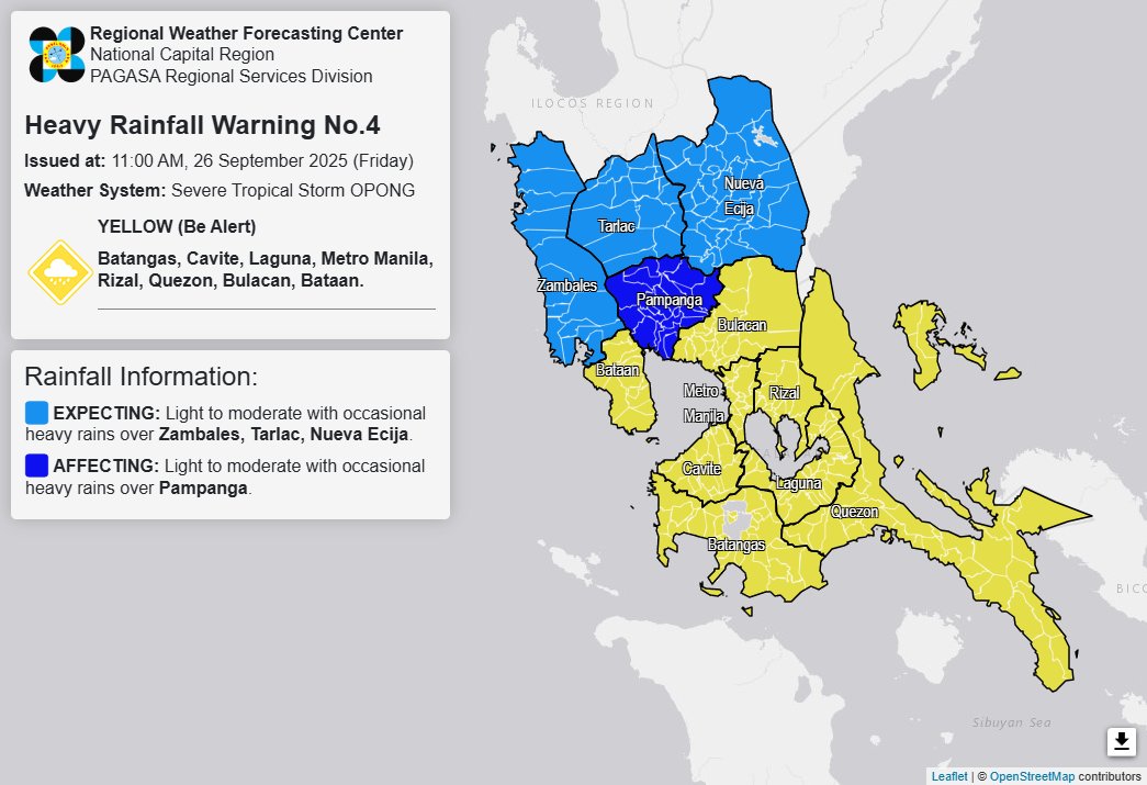 dost_pagasa's tweet image. Heavy Rainfall Warning No. 4 #NCR_PRSD
Weather System: Severe Tropical Storm OPONG
Issued at: 11:00 AM, 26 September 2025(Friday)

YELLOW WARNING LEVEL: Batangas, Cavite, Laguna, Metro Manila, Rizal, Quezon, Bulacan and Bataan.
ASSOCIATED HAZARD: FLOODING in flood-prone areas.…