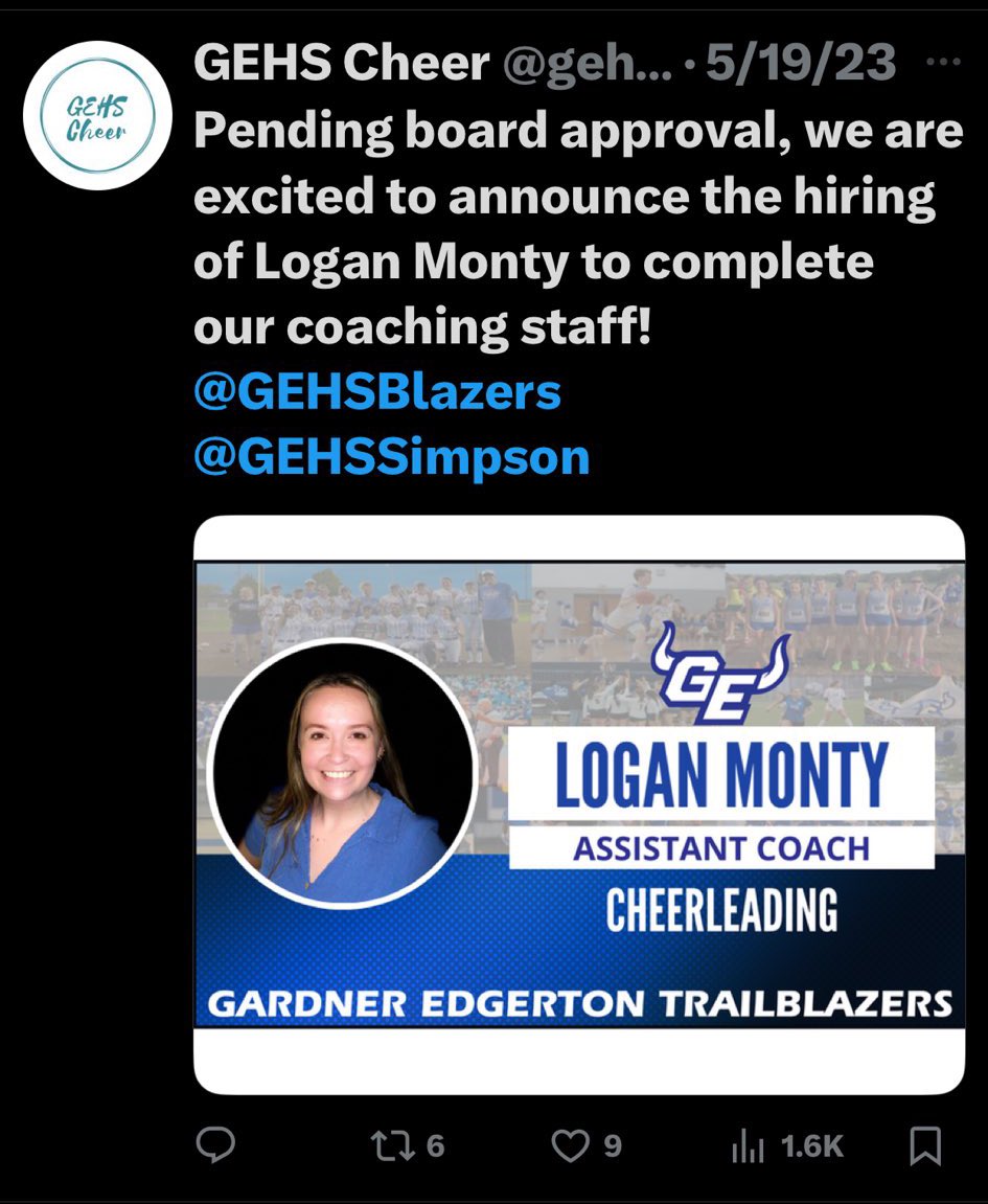 libsoftiktok's tweet photo. Logan Monty, an assistant coach at @GardnerEdgerton, allegedly posted this following Charlie’s ass*ssination.

“Rest in p*** gummy boy.”

Would you want this person around your kids?

I’m told the district is aware and are quietly trying to make it disappear.

They can be reached at (913) 856-2000