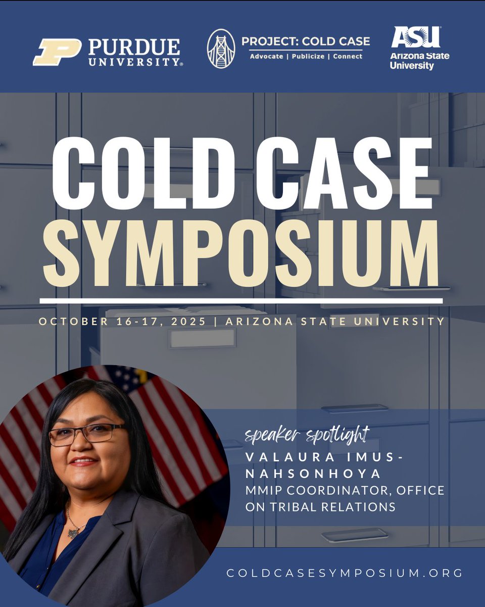 case_symposium's tweet image. Honored to welcome Valaura Imus-Nahsonhoya (Hopi), AZ’s MMIP Coordinator, advocate, and trainer, driving change for Indigenous communities. Hear her on 10/16-17 at the 2025 #ColdCaseSymposium.
👉 Register: coldcasesymposium.org
#CCS2025