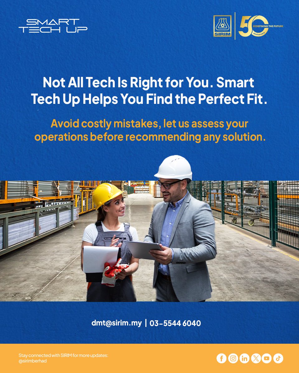 Many businesses jump into automation only to discover mismatched or hidden costs. Smart Tech Up Programme starts with a neutral, standards-based assessment to guide you in adopting the right technology.

For any enquiries, contact us at dmt@sirim.my | 03-5446040.

#SIRIM #SIRIM50
