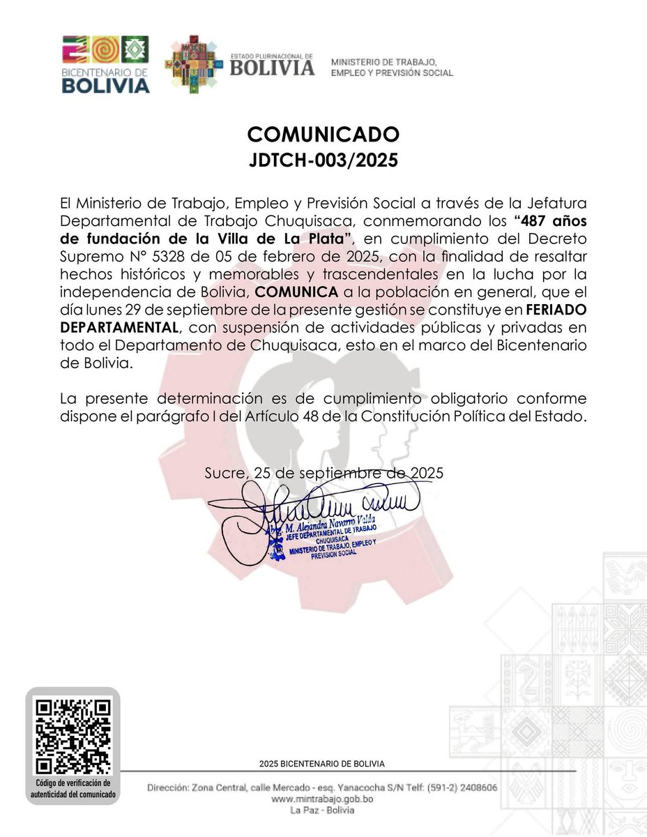#Comunicado | En conmemoración de los “487 años de fundación de la Villa de La Plata”, el <a href="/MinTrabajoBol/">Ministerio de Trabajo, Empleo y Previsión Social</a> comunica a la población en general, que el 29 de septiembre de la presente gestión se constituye en #FeriadoDepartamental en #Chuquisaca.
 
#UnidosEnElBicentenario