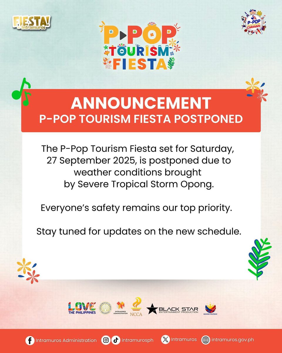 KAIASoPH's tweet image. ANNOUNCEMENT 📢

KAIA SOPHIA’s Indak Workshop at the P-POP Caravan has been postponed to a later date due to the weather forecast 🌧️

Please stay tuned for updates on the rescheduled event. Until then, stay safe and dry, SOPHICS! 

#PMCC #PMCC2025 #PPOPCaravan #PMCCatIntramuros