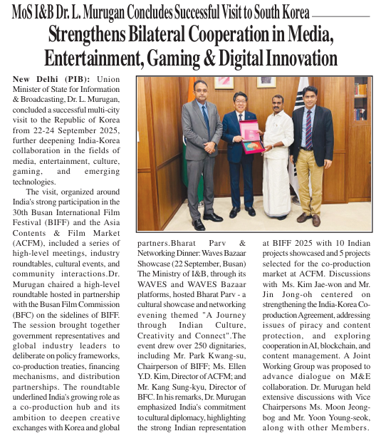 DUMANI_MAIL's tweet photo. MoS I&amp;B Dr. L. Murugan Concludes Successful Visit to South Korea  Strengthens Bilateral Cooperation in Media,  Entertainment, Gaming &amp; Digital Innovation || https://t.co/tpS50bw1jL