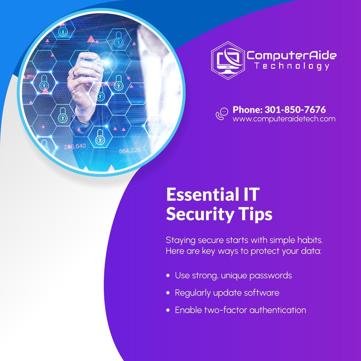 ComputerAideT's tweet image. Protect your digital assets with these simple but effective security tips. Start strengthening your defenses today!

#LanhamMD #ITServices #CyberSecurityTips