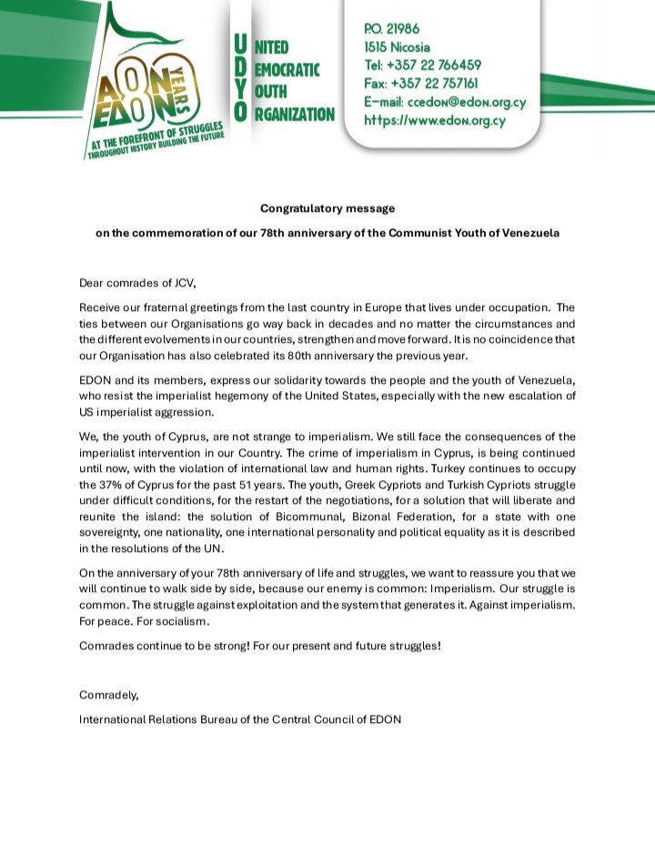#Internacionalismo 1/3 En el marco del Festival Odigitis se dio fraternales encuentro con distintas organizaciónes juveniles, entre ellas con la Organización Juvenil Democrática Unida de Chipre (EDON) el cual manifestaron su felicitación a los 78 aniversario de nuestra fundación.
