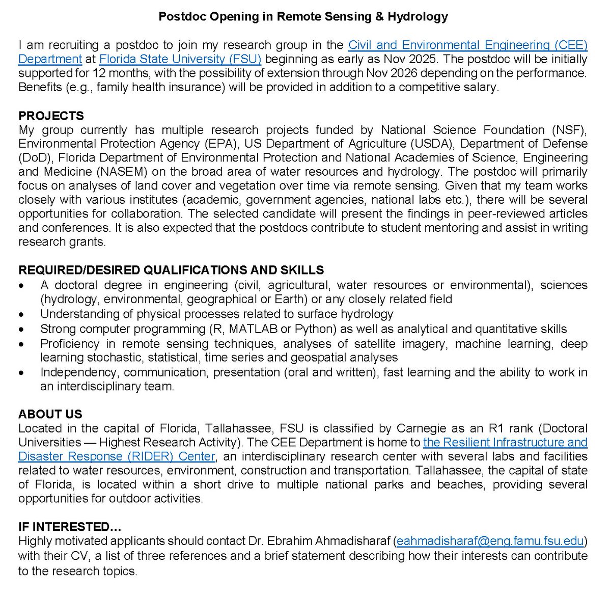 Job alert; please share widely.

Postdoc opening on hydrology &amp; remote sensing in my team at <a href="/FloridaState/">Florida State University</a>.👇

eahmadis.weebly.com/opportunities.…