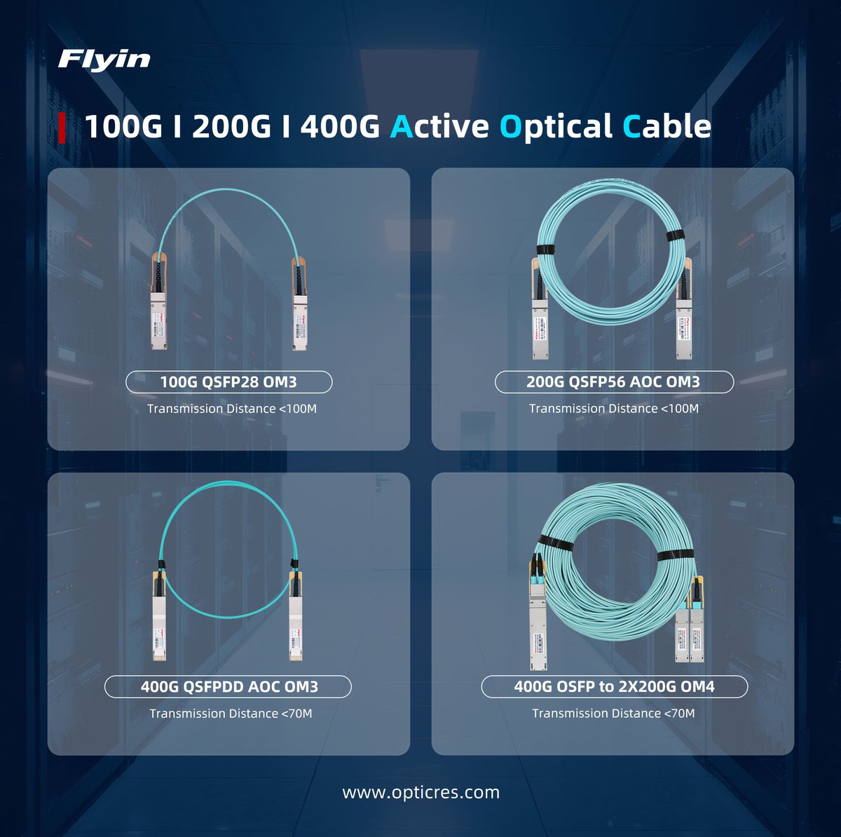 【AOC Active Optical Cable】— Flyin Group provides various types of AOC active optical cables. It is a plug-and-play, low-power consumption, and high-efficiency data transmission solution. For more product details, please visit opticres.com.