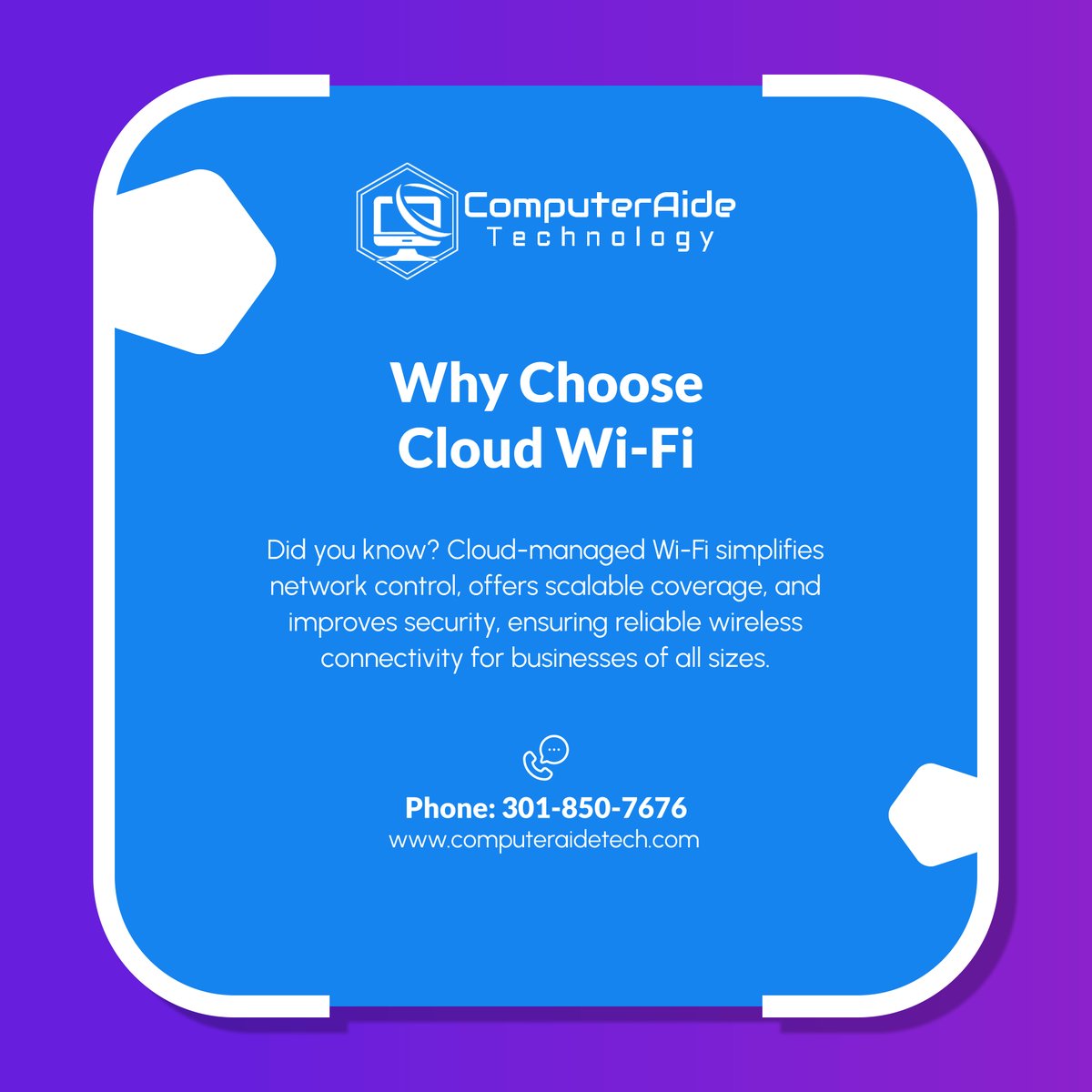ComputerAideT's tweet image. Enhance your workspace with cloud-managed Wi-Fi that delivers secure and flexible connectivity. Explore the benefits of smart networking solutions.

#LanhamMD #ITServices #CloudWiFi