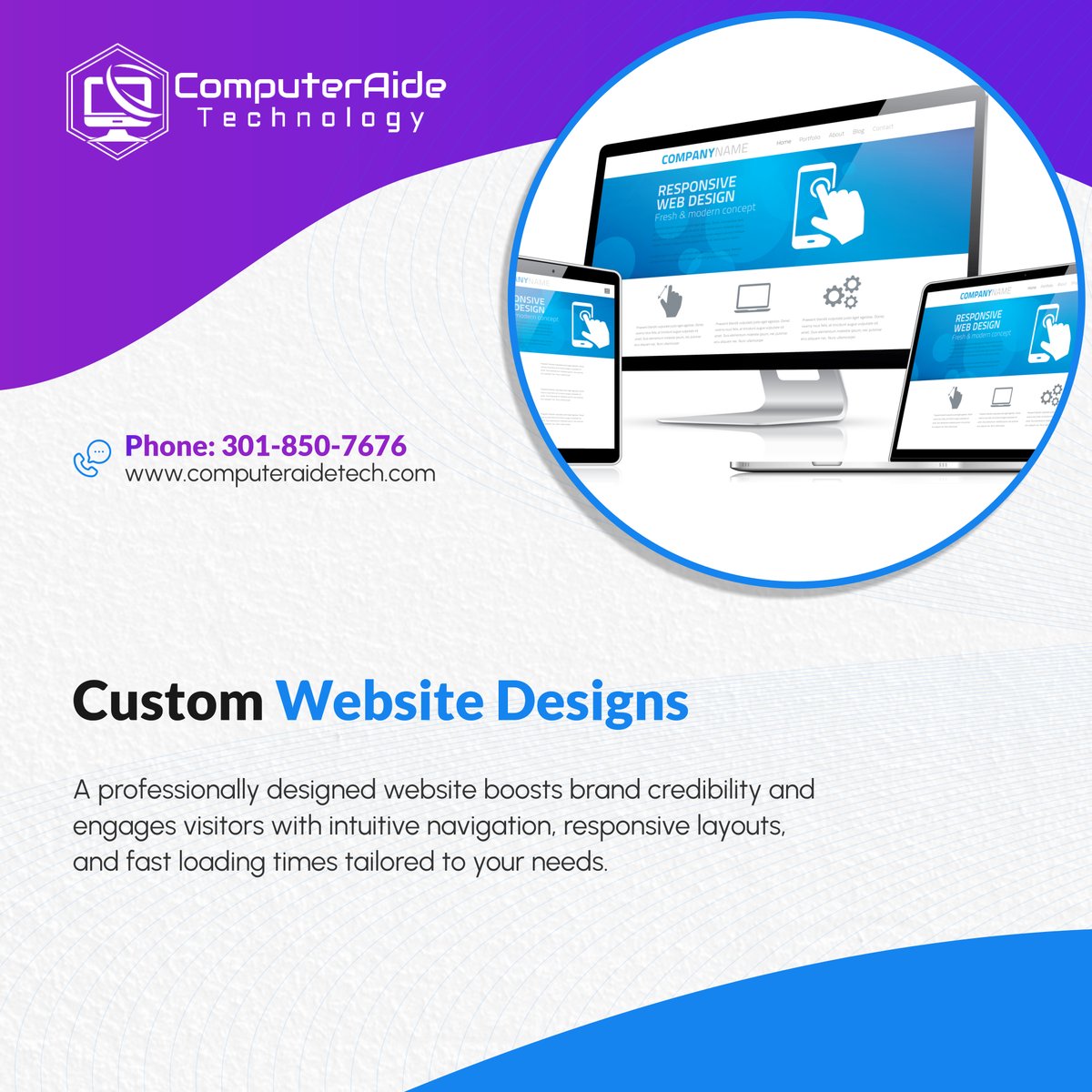 ComputerAideT's tweet image. Make a lasting impression online with custom website designs that reflect your brand. Elevate your web presence today! Contact us for expert design services.

#LanhamMD #ITServices #WebDesign