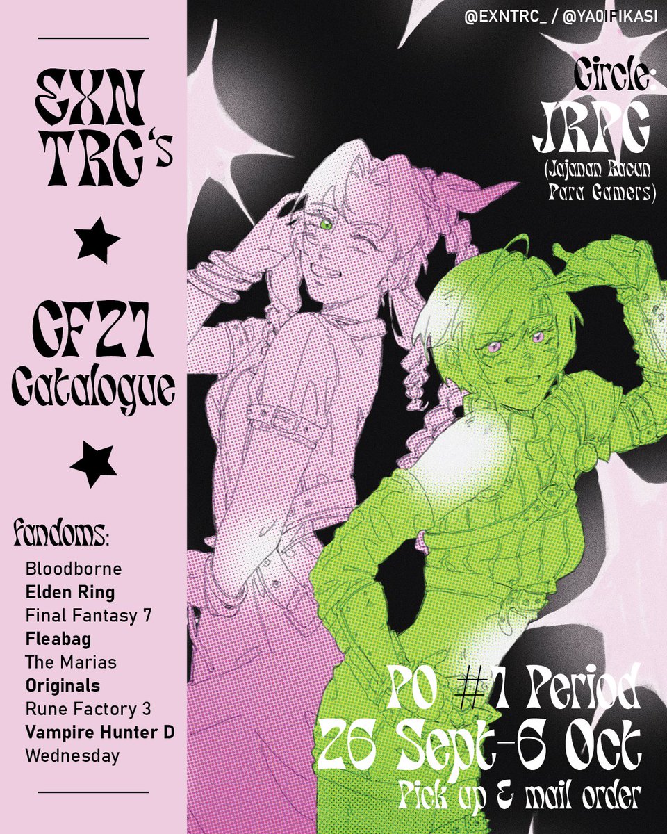 exntrc_'s tweet image. RTs 🖤

hi! my #CF21 Batch 1 PO is now open! ♪(๑&amp;gt;◡&amp;lt;๑)♪

📅 26 Sept - 6 Oct 2025
🥚 JRPG (Jajanan Racun Para Gamers), booth no. TBA
💌 Pick up both days &amp;amp; mail order
🦆 Listed below! 

(1/6)
#cf21catalogue #cf21catalog #comifuro21