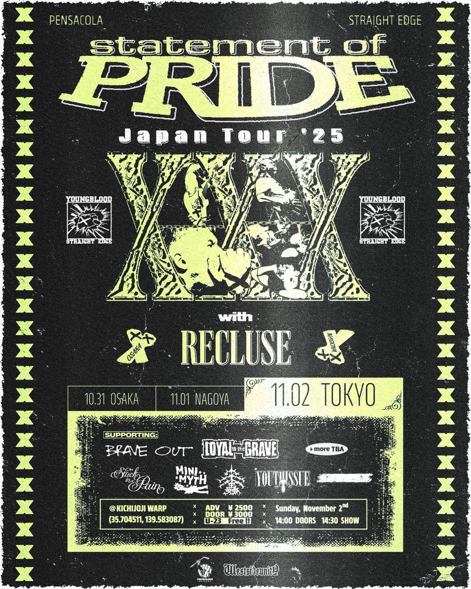【NEW SHOW ADDED】
<a href="/Recluse_info/">Recluse_HC</a> presents "STATEMENT OF PRIDE JAPAN TOUR 2025" ツアーファイナル東京公演11/2(日)に出演決定！現行注目フロリダStraight Edge Hardcore SOP初来日になるので皆さん是非お集まりください！

チケット予約はDMか📧にて🎫