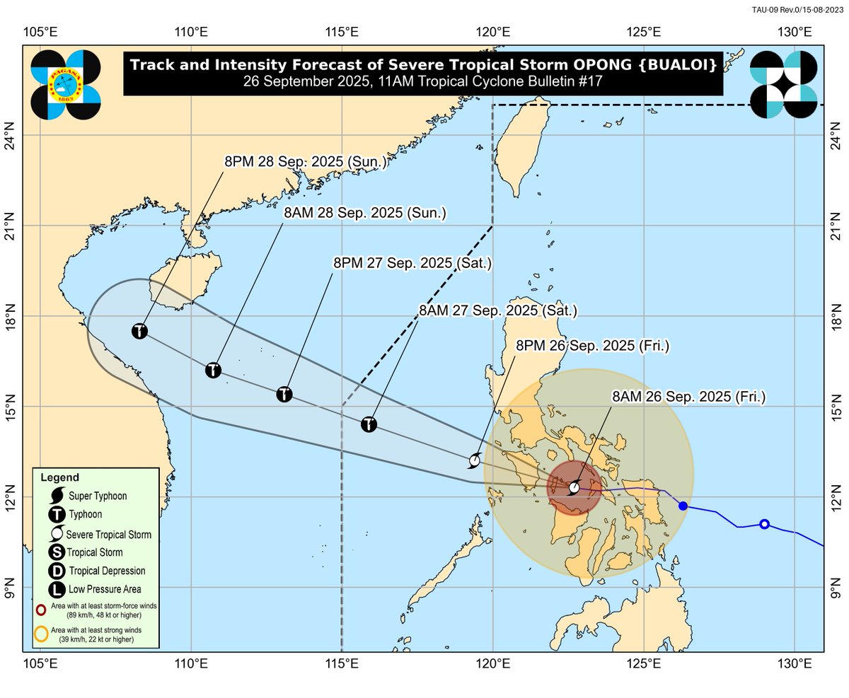 dost_pagasa's tweet image. TROPICAL CYCLONE BULLETIN NR. 17
Severe Tropical Storm #OpongPH (BUALOI)
Issued at 11:00 AM, 26 September 2025
Valid for broadcast until the next bulletin at 2:00 PM today.

OPONG HAS PASSED OVER SIBUYAN AND TABLAS ISLANDS IN ROMBLON AND IS NOW HEADING TOWARDS SOUTHERN PORTION OF…