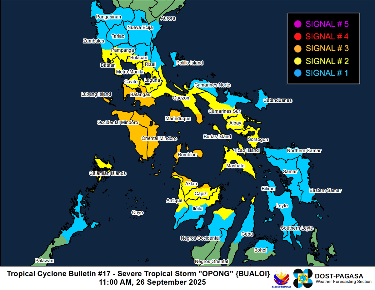 dost_pagasa's tweet image. TROPICAL CYCLONE BULLETIN NR. 17
Severe Tropical Storm #OpongPH (BUALOI)
Issued at 11:00 AM, 26 September 2025
Valid for broadcast until the next bulletin at 2:00 PM today.

OPONG HAS PASSED OVER SIBUYAN AND TABLAS ISLANDS IN ROMBLON AND IS NOW HEADING TOWARDS SOUTHERN PORTION OF…