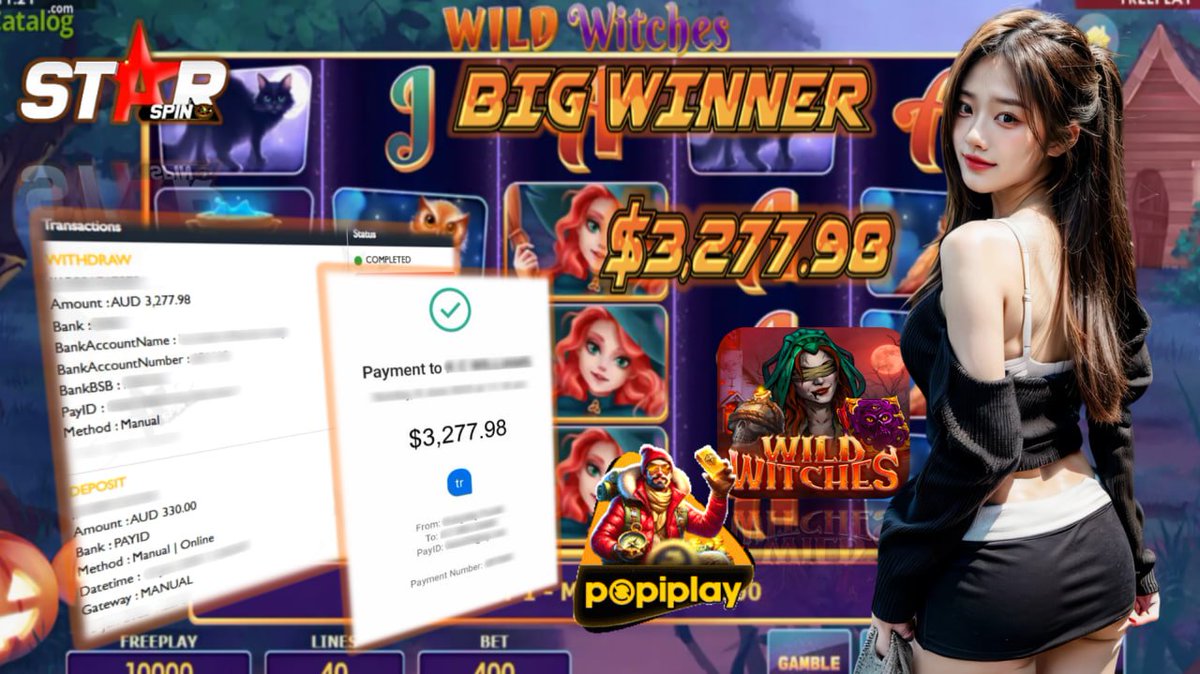 ✨ StarSpin996 – Australia’s #1 E-Wallet Platform! 🇦🇺
🌟 Congratulations to our Lucky Star! 🌟
🔥 Another big win from our trusted platform!
🎮 Platform: POPIPLAY
🎰 Winning Game: WILD WITCHES
💰 Deposit: A$ 330.00
💵 Withdraw: A$ 3,277.98
💎 Your big break could be next!💎