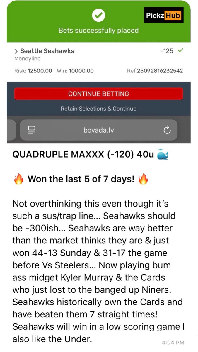 BANGGGG VIP WON THE LAST 6 of 8 DAYS!!! 🔥

FADE DICKS 4DAYZZZ AND GET RICH LMFAOO IMAGINE GIVING OUT CARDINALS FUCKING DUMBASS LOSER 🤡🤣

SEAHAWKS (-120) QUADRUPLE MAXXX 40u 🐳✅

IF YOUR DUMBASS CAPPER GAVE YOU CARDINALS DONT WORRY BC IM HAVING MY BIGGEST SALE IN HISTORY! Use