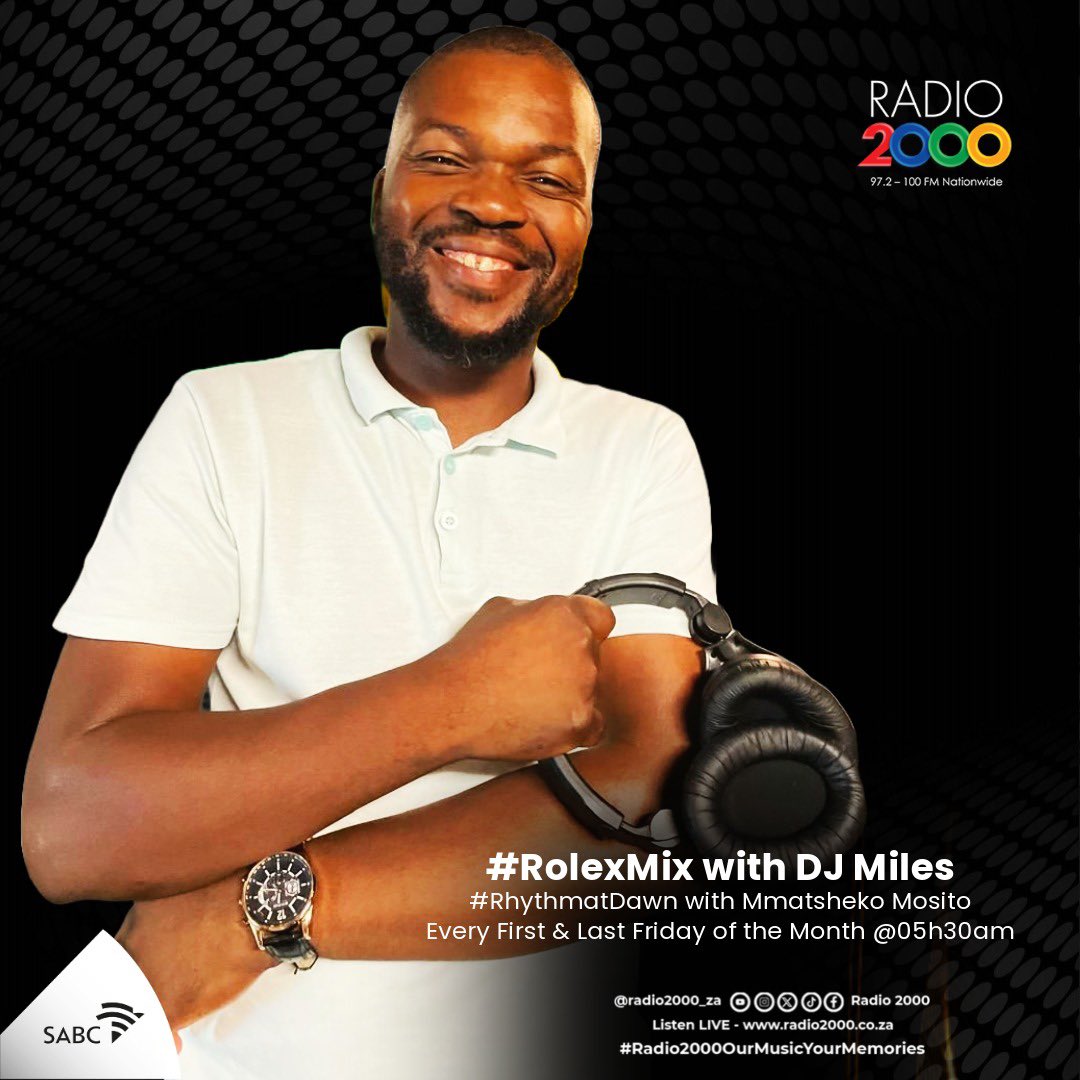 Radio2000_ZA's tweet photo. [Happy Friday]

A festive hour coming up on#RhythmAtDawn at 5am with @mmatshekomosito 
Sampling music from @djcleo1 new album-Eskhaleni Party &amp; @djmilessa back with a #Rolexmix

Tune in here:
📍97.2-100 FM Nationwide
📲 @SABCPlus app 
📺 DSTV 812
🎧 https://t.co/Vz6hfVxjAN https://t.co/Z00R6MZr4W