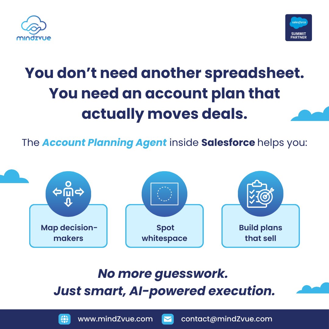 MindZvue's tweet image. Turn your account plans into revenue plans. 💸 👉 Learn more: bit.ly/3JIRpRN
#mindZvue #SummitPartner #AccountPlanning #Salesforce #Agentforce #DigitalLabor #B2BSales