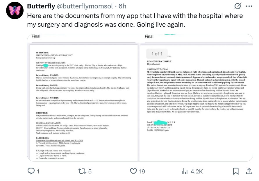 sol33bth's tweet image. $BUTTERFLY 96k 

CA:4Ds7cxJ82gm34gV22zo2LjPdX3nFbQk9PXK7mjX4pump

🔥查看代币：gmgn.ai/r/4aMIJTkt-4Ds…

象征性的叙事：一个名叫卡莉的女人，在生下女儿几个月后，被诊断出患有甲状腺癌。她想用象征性的收入来支付医药费和债务。她的微博附上了一张诊断单据的图片，“看起来不是假的”