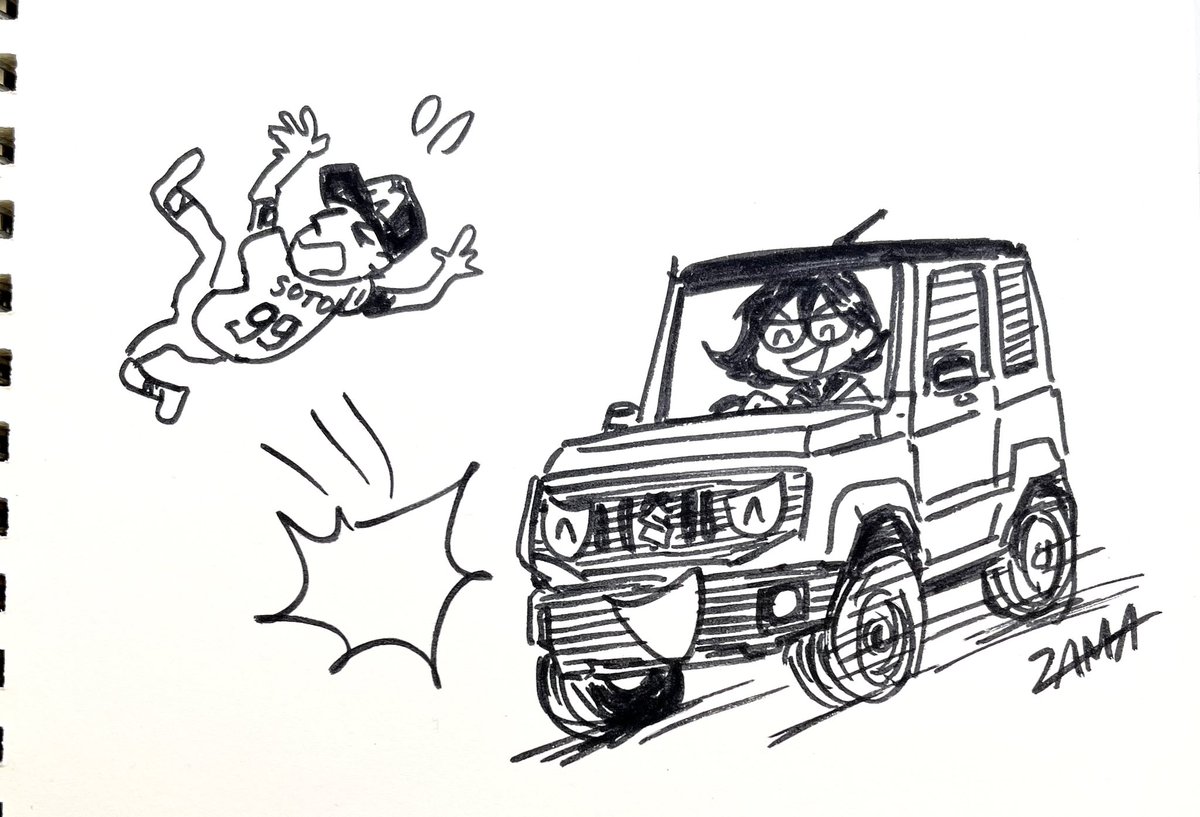 @grief_loss 鉄塔さんおめでとうございます。昼休みに描いた「ソト撥ねジムニー」御査収下さい。 
