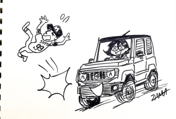 @grief_loss 鉄塔さんおめでとうございます。昼休みに描いた「ソト撥ねジムニー」御査収下さい。 