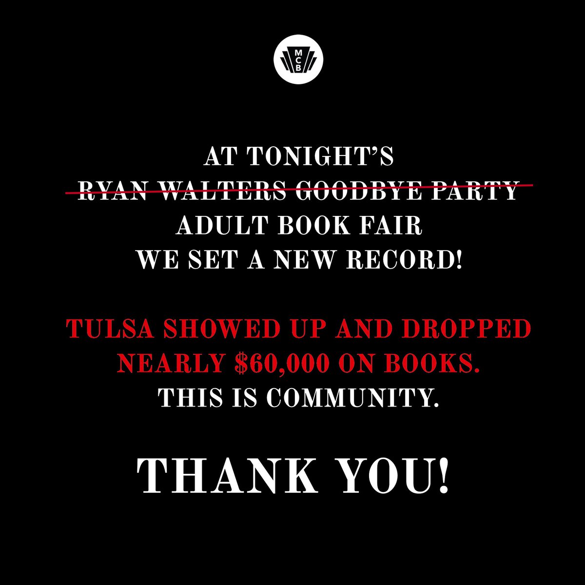 MagicCityBooks's tweet image. We’re gobsmacked and grateful. Thank you, Tulsa. We love being your bookstore. 
#local #nonprofit