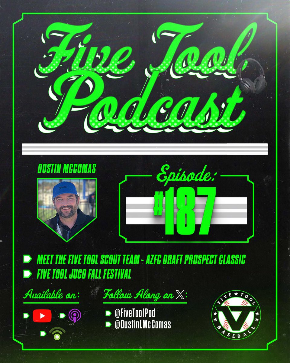 Five Tool Podcast (@fivetoolpod) on Twitter photo Episode 1⃣8⃣7️⃣ of the <a href="/FiveTool/">Five Tool Baseball</a> Podcast
With: <a href="/DustinLMcComas/">Dustin McComas</a>
🤔Meet the Five Tool Scout Team headed to the AZFC Draft Prospect Classic and Day One of the Five Tool JUCO Fall Festival
🔗 fivetool.org/podcasts
🍎 podcasts.apple.com/us/podcast/the… Episode 1⃣8⃣7️⃣ of the <a href="/FiveTool/">Five Tool Baseball</a> Podcast
With: <a href="/DustinLMcComas/">Dustin McComas</a>
🤔Meet the Five Tool Scout Team headed to the AZFC Draft Prospect Classic and Day One of the Five Tool JUCO Fall Festival
🔗 fivetool.org/podcasts
🍎 podcasts.apple.com/us/podcast/the…