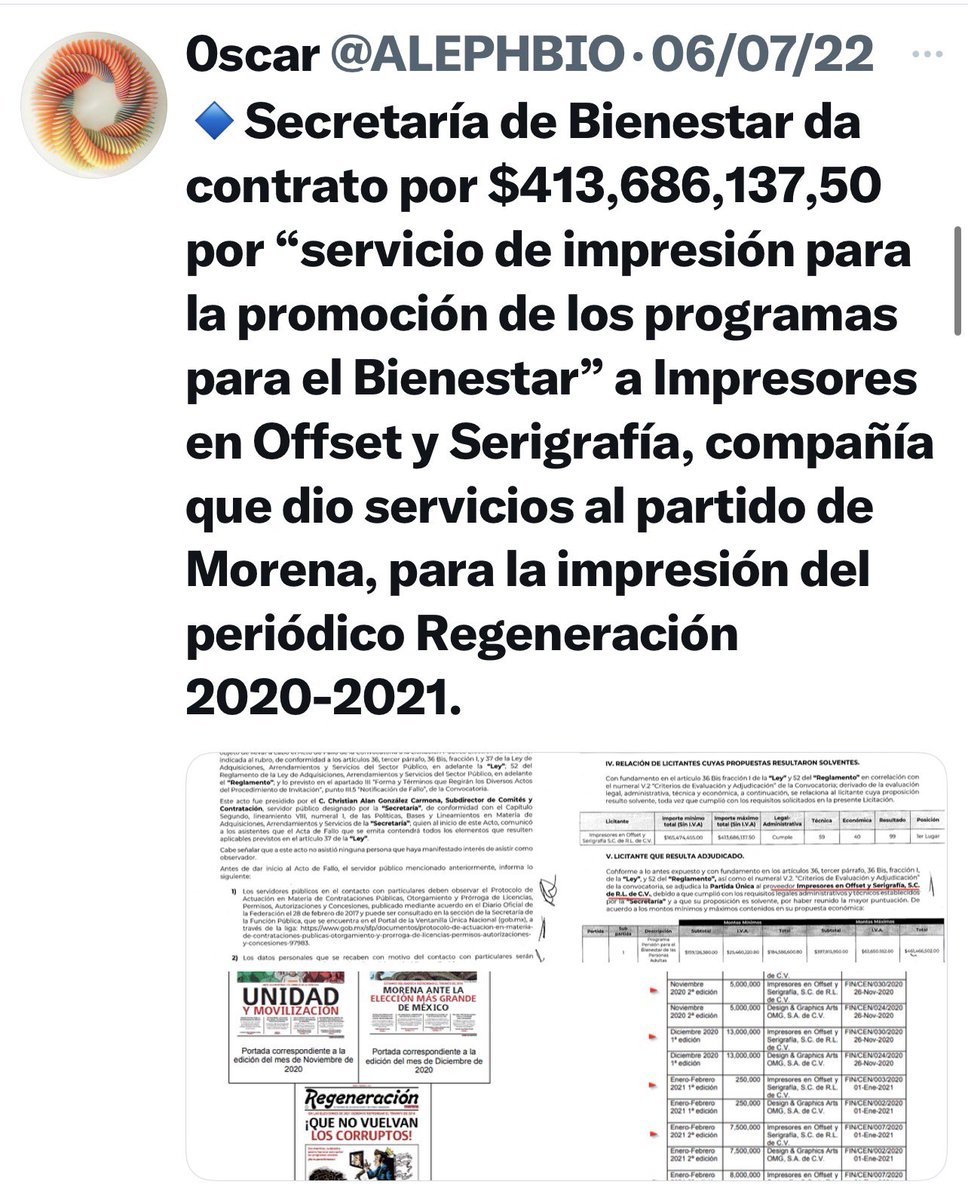 No mmen…

La empresa q imprimió los acordeones de la elección judicial se embolsó 2,883 MDP en contratos públicos desde 2018, sobre todo d la Secretaría del Bienestar. 

Su lazo con AMLO data desde q gobernaba la CDMX y también imprime la basura de <a href="/RegeneracionMx/">RegeneraciónMx</a>.

Otra cloaca!