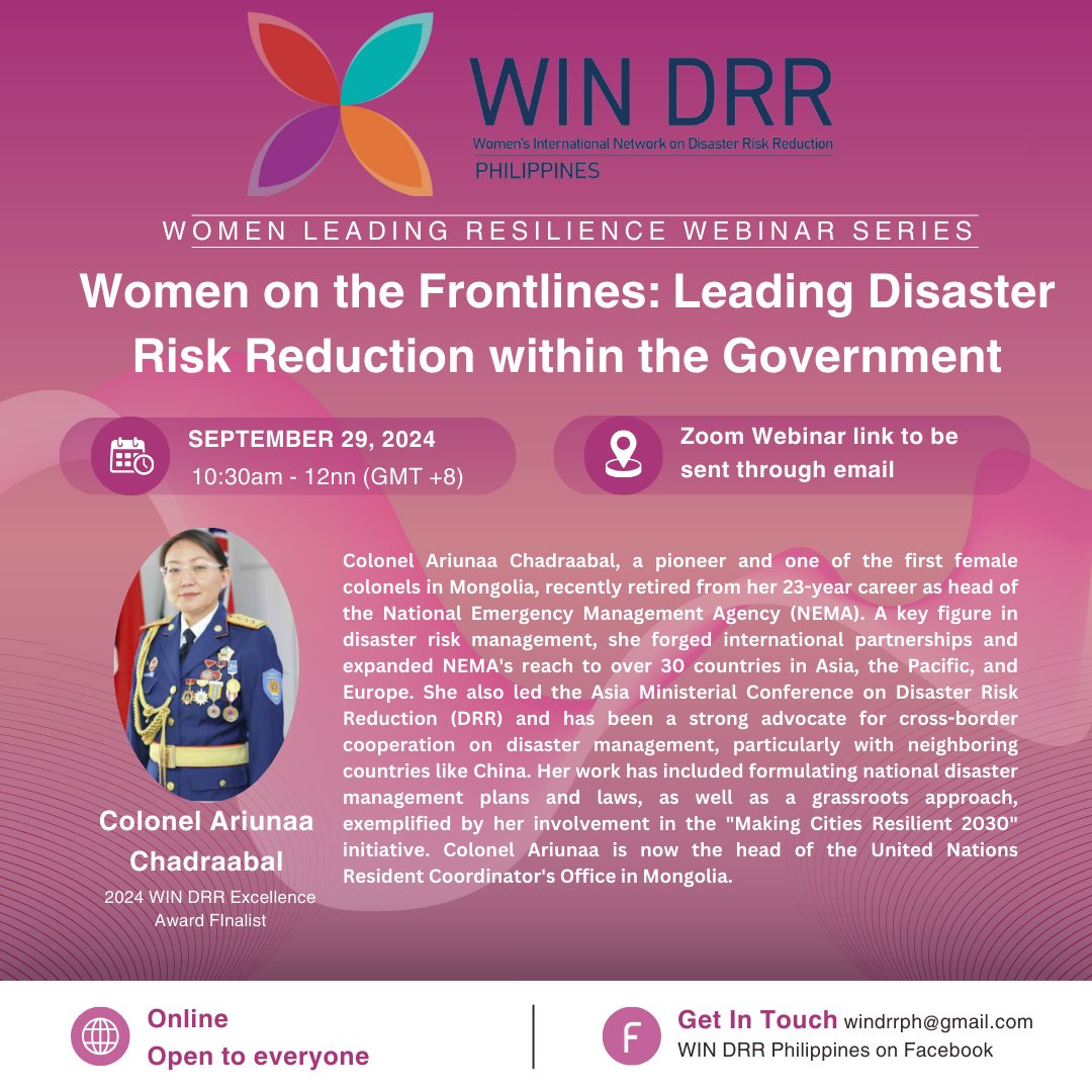 WINDRR Philippines is kicking off Year 2 of the Women Leading Resilience Webinar Series!

Join us for the first webinar on September 29, 2025, from 10:30 AM to 12:00 NN

To register for the webinar, please follow this link:
forms.gle/oEKzdJEBrSbqJd…
