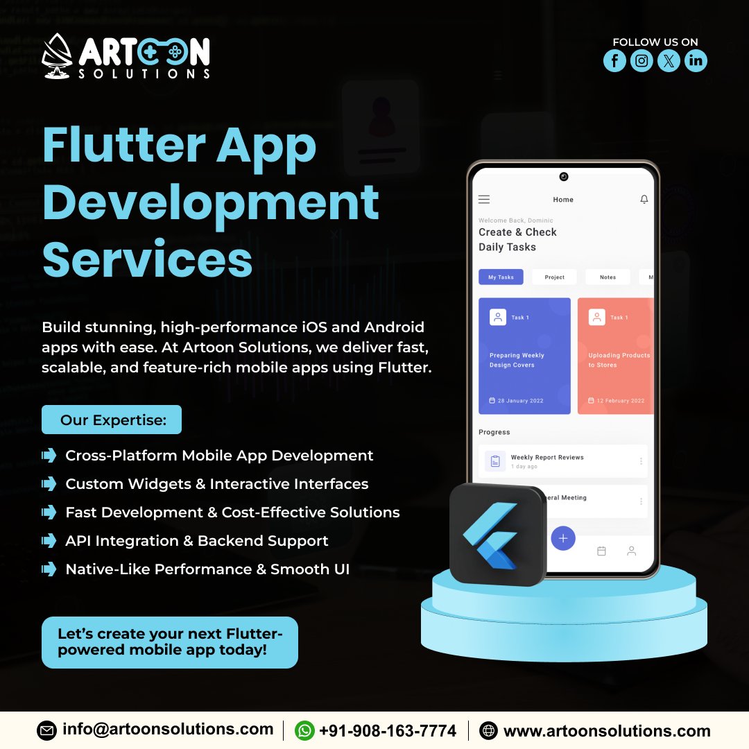 artoonsolutions's tweet image. 🚀 Build stunning cross-platform apps with Flutter! Fast, scalable &amp;amp; user-friendly solutions from Artoon Solutions for iOS &amp;amp; Android. 📱✨

#FlutterAppDevelopment #MobileAppDevelopment #ArtoonSolutions