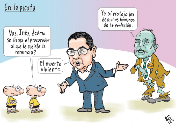 A caricature showing a man in a suit gesturing with his hands, speaking to a zombie-like figure wearing a tattered suit and a button labeled "FMLN." Two cartoonish children stand nearby, one holding a sign. Text bubbles include "Vos, InÃ©s, Â¿dÃ³nde se llama el procurador que le pida la renuncia?" and "Yo sÃ­ protejo los derechos humanos de la poblaciÃ³n." The title "En la picota" is visible at the top.