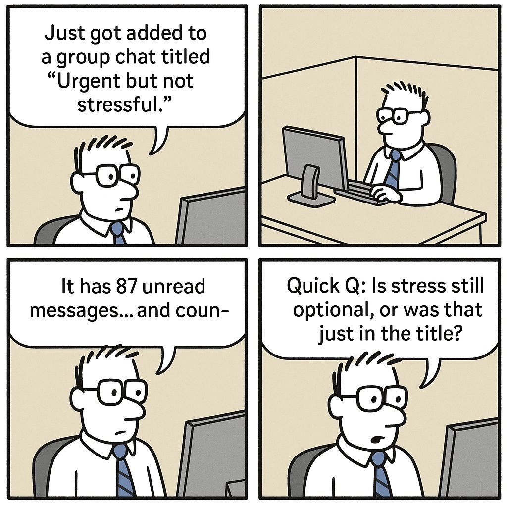 jordanimutan's tweet image. Just got added to a group chat titled “Urgent but not stressful.”

It has 87 unread messages... and counting.

Quick Q: Is stress still optional, or was that just in the title?

#WorkChatChaos #OfficeIrony #DilbertVibes #CorporateLife #TooManyNotifications #UrgentButNotReally…