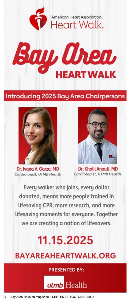 Excited for the upcoming Bay Area AHA walk this November featuring two of our superstars <a href="/utmbcardiology/">UTMB Cardiology</a> - Chief fellow Dr. Garza &amp; star interventional cardiologist Dr. Anouti. Proud to work alongside such talented, kind &amp; caring physicians and a world-class team! ❤️💪 #AHA